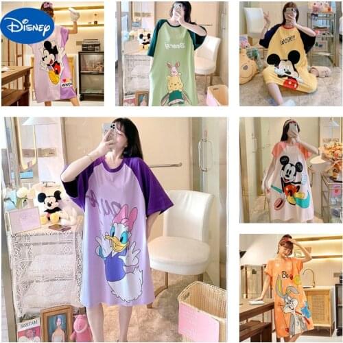Disney 2021 Mickey Mouse Donald Duck Loose Plus Size Nightdress Ladies Cartoon Pajamas Women Summer Short-sleeved Home Service
