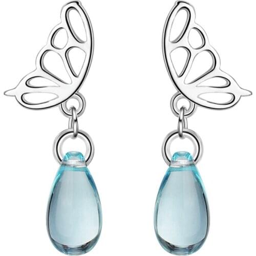 Butterfly Crystal Blue 925 Sterling Silver Stud Earrings For Women Fashion Trendy Cute Small Earring Jewelry Aretes De Mujer