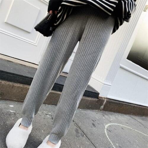 2020 Knitted High Waist Women Crop Harem Trousers Solid Peg Leg Fly Pants Casual Drawstring Winter Warm Workwear Carrot Pants