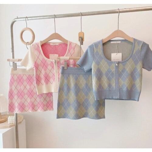 Summer Korean Chic Sweet Plaid Knitted Two Piece Set Women Zipper Crop Top + Bodycon Mini Skirt Suits Fashion Casual 2 Piece Set