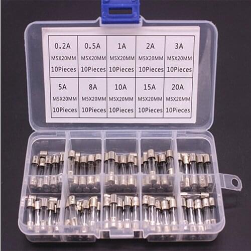 100pcs Set Kit 5x20mm Fuse Assorted Kits DIY Quick Blow Glass Tube Fast-blow Glass Fuses 0.2A-20A