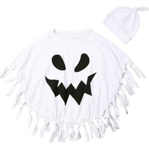 2021 2-6Y Halloween Infant Baby Boy Girl Outwear Cartoon Ghost Print O Neck Tassel Top+Hat Costume Clothes