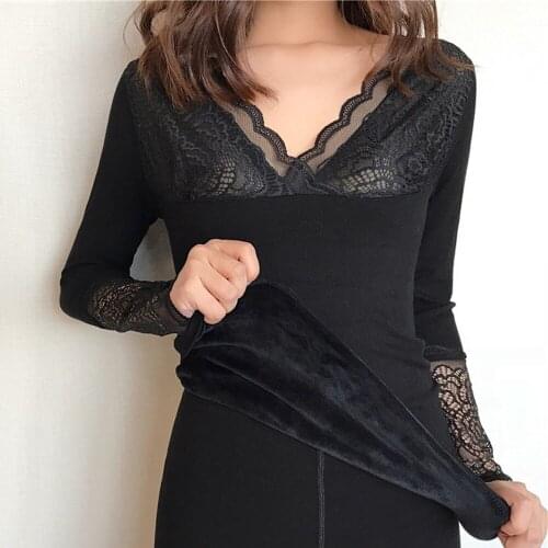 2020 Sexy Bodycon Slimming Underwear For Women Velvet Thermal Shirt V-Neck Black Lace Basic Pullover Cold Winter Female Warm Top