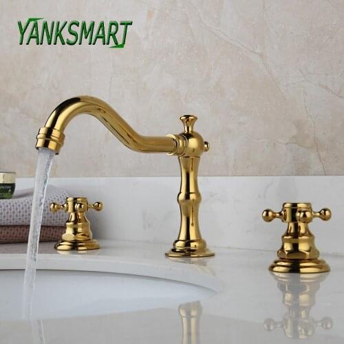 YANKSMART Bathroom Bathtub Retro Spout Golden Polished 3 Pieces Basin Sink Brass Faucets Deck Mounted Cold & Hot Water Mixer Tap
