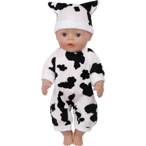 40-43 Cm Boy American Dolls Clothes Cow Jumpsuits Flannel Pajamas+Hat Newborn Baby Toys Accessories Fit 18 Inch Girls Doll f617