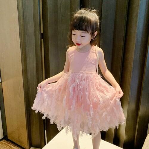 Elegant Princess Baby Feather Dress Summer Birthday Party Toddler Girls Lace Tutu Clothing Wedding Party Dress