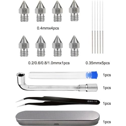 3D Printer 0.2/0.4/0.6/0.8/1.0mm MK8 Nozzles Wrench Tweezers 0.35 Needles Tools Kit for Creality Ender 3/5/CR-10/10S