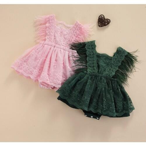 Summer Newborn Baby Girls Princess Romper Dress Lace Flowers Feather Tassel Sleeveless Jumpsuits Bodysuit Tutu Dress 0-24M