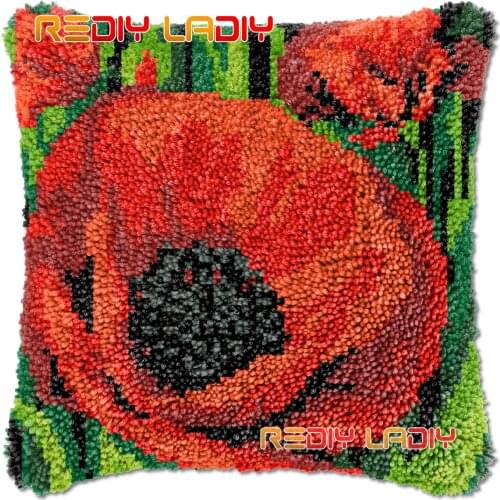 Latch Hook Cushion Red Poppy DIY Needlepoint Kits Chunky Acrylic Yarn Arts Crocheting Lofty Pillow Case Hobby & Crafts