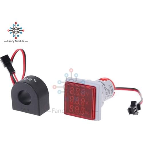 22mm Square Digital LED Voltmeter Ammeter Hertz Meter AC 60-500V 0-100A 20-75Hz Current Voltage Frequency Indicator with Coil