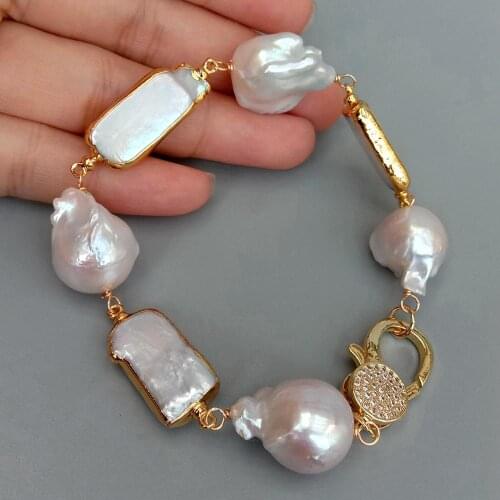 YYGEM natural Nucleated Flameball Baroque Pearl Cultured White Rectangle Pearl Wrap Bracelet Cz Pave Lobster Clasp