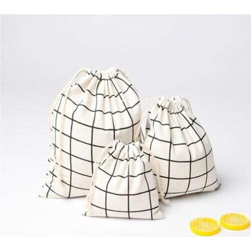 High-Quality Cotton Linen Bag Bunch New Small Fresh Storage Bag Simple Lattice Pocket Drawstring Bag Plastic Women Piece