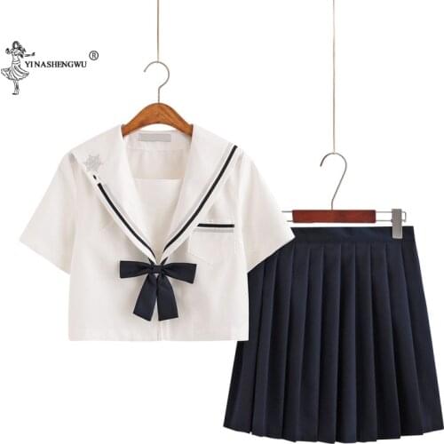 Autumn Summer Japanese School Uniforms For Girls Cute Long-length Sailor Tops Pleated Skirt Full Sets Cosplay JK Costume Series