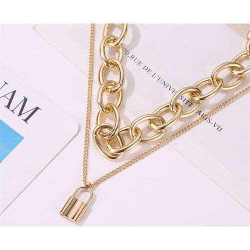 Big Lock Link Chain Choker Necklace Women Gold Color Stainless Steel Femme Pendant Layered Necklaces Fashion Jewelry