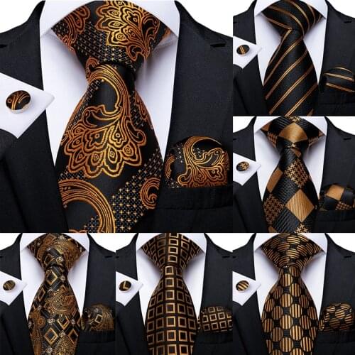Gift Men Tie Gold Black Striped Paisley Silk Wedding Tie For Men DiBanGu Design Hanky Cufflink Quality Men Tie Set Dropshipping