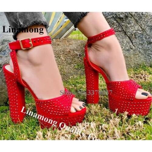 Linamong Bling Bling Rhinestone High Platform Chunky Heel Sandals Red Silver Crystal Ankle Strap Thick High Heel Sandals Heels