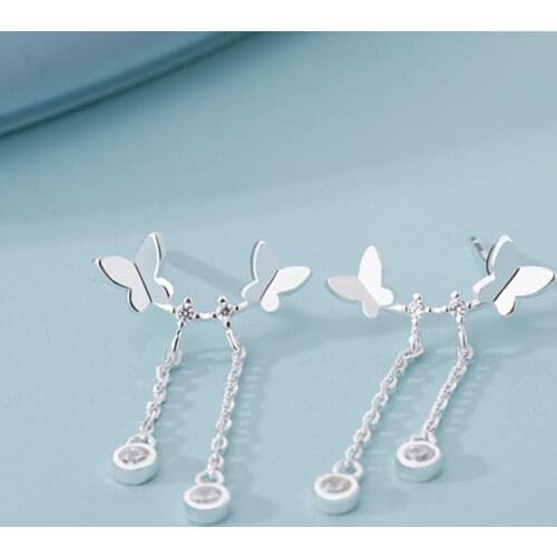 Double Butterfly Tassel Zircon Stud Earrings For Women Girls Trend Creative 925 Sterling Silver Party Gifts Jewelry SAE441