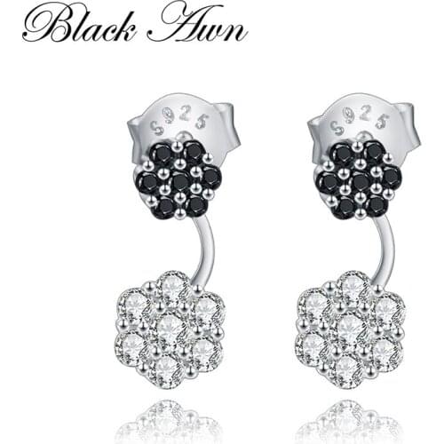Sodrov 100% 925 Sterling Silver Jewelry Flower Stud Earrings for Women Black & White Silver Eternity Stone Earring T167