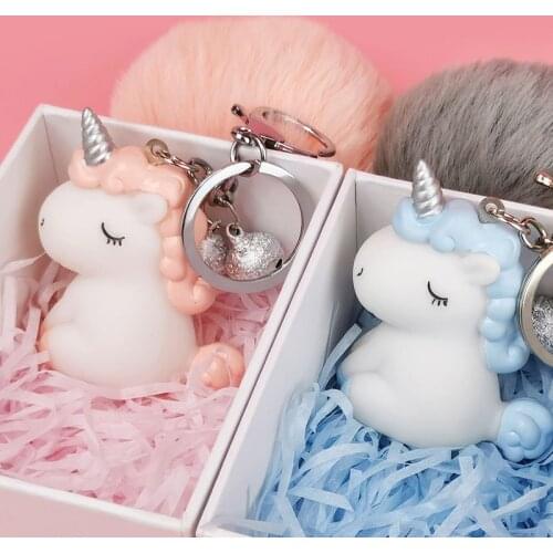 Cute Cartoon Fluffy Ball Keychain Fashion Cute Unicorn SmallBell Key Pendant Creative Girl Holiday Gift Bag Mobile Phone Pendant