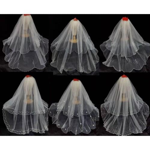 Bridal Short Two-Layers Beading Veil Appliqued Wedding Veils with Comb Around Hem Beads 70+95cm