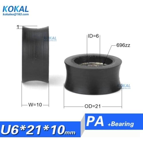 [U0621-10K]Free Shipping large hole u groove wheel 6*21*10 696ZZ PA66 Nylon ball bearing wheel inner 6mm hole pulley