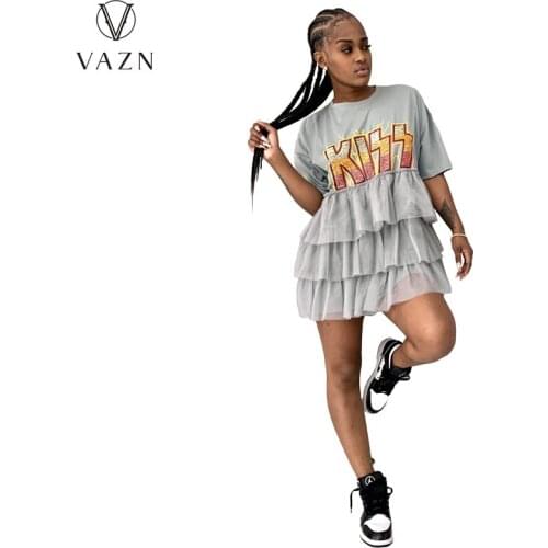 VAZN 2021 Top Quality Cute Young Energy Casual Overalls Round Neck Short Sleeve Free Women Elegant Fashion Women Mini Dress