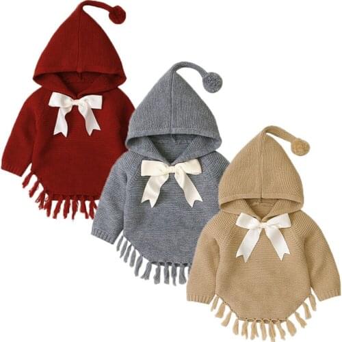 0-24M Toddler Baby Girls Knit Tassel Coat Jacket Outwear Cloak Long Sleeve Pullover Bowknot Outfits Autumn Winter Warm Clothes