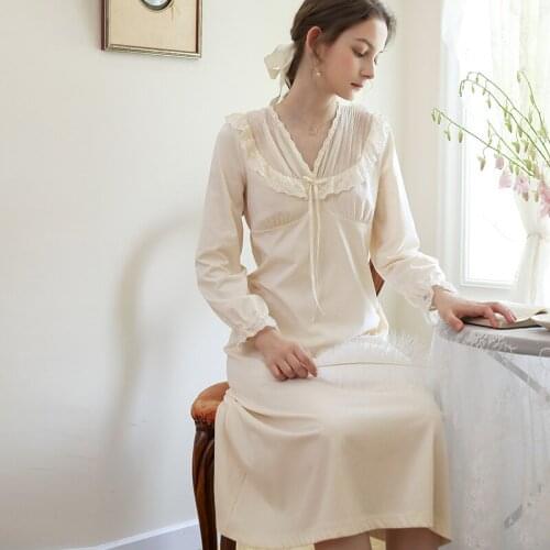 Sweet Princess Dress Women Cotton Nightgown Sexy V-Neck Nightdress Long Sleepshirt Skirt Bud Lace Floral Summer Bride Home Wear