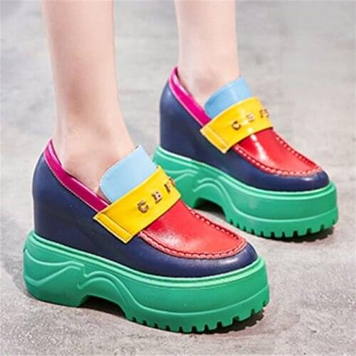 High Heels Womens Genuine Leather Round Toe Ankle Boots Platform Wedge High Heels Slip On Party Pumps Creepers Oxfords