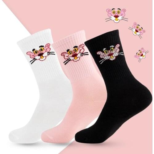 Hip Hop Women Printed Socks Cute Cortoon Animal Pink Panther Letters Inscription Black White Cotton Funny Socks For Female