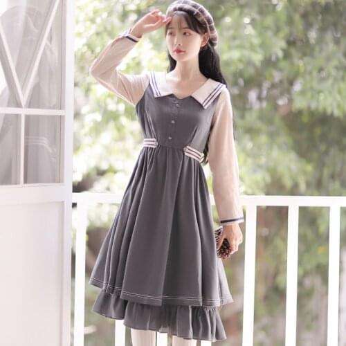 Preppy Style Dress Women Hot Sale Kawaii Dress 2021 Spring Japanese Dress Navy Collar Long Sleeve Sweet Cute Dresses Vestidos