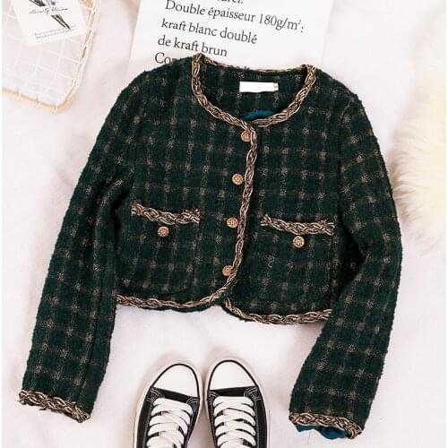 Green Plaid Tweed Jacket Coat Women Streetwear Long Leeve Spring Wool Coat Fashion Pocket Oversized Lapel Shirts Coats