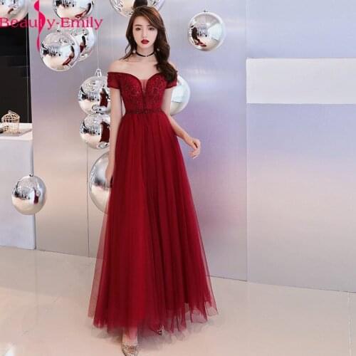 Beauty Emily Charming V Neck Off the Shoulder Evening Dress Sexy Lace Up Back Applique Burgundy Formal Dress Vestidos De Fiesta