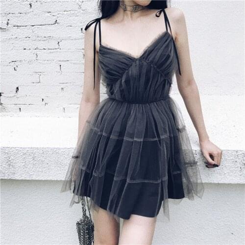 Ruibbit Summer Sexy Vintage Dress Women Spaghetti Strap gray Dress Gothic Lace Hollow Out Lace Up Mini Party Dress Female