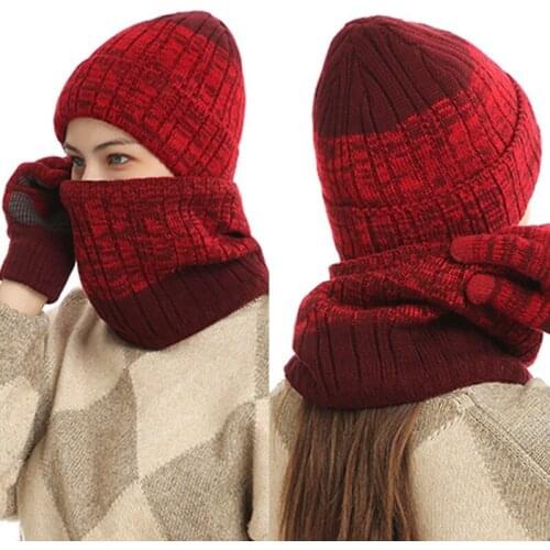 Men Women Winter 3 Pieces Knitted Beanie Hat Scarf Non-Slip Touch Screen Gloves Set Thicken Thermal Plush Lined Skull Cap