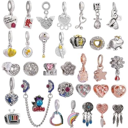 2Pcs/Lot High Quality Silver Plated Crown Heart Charm Beads Pendant Fit DIY Brand Bracelets Necklaces For Women Jewelry Making