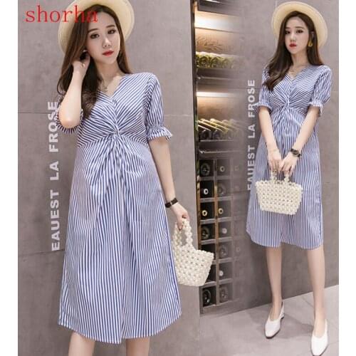 2019 Vertical Stripe Blue Cotton Maternity Dress Summer Korean Fashion A Line Slim Clothes for Pregnant Women Pregnancy
