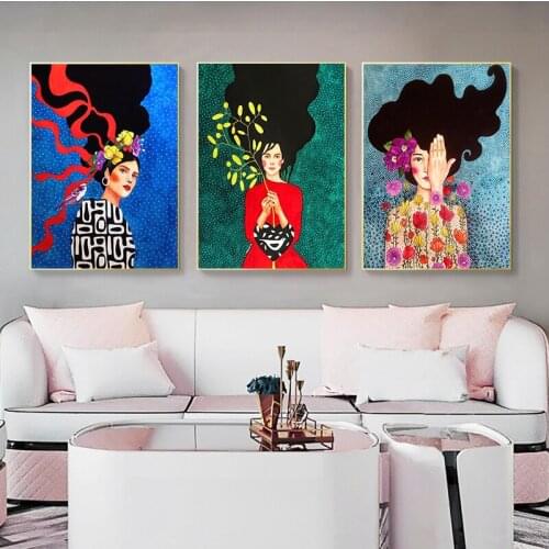 Abstract Colorful Girl Hair Flower Bird Oil Canvas Painting Posters and Prints Wall Art Picture Cuadros Home Decoration No Frame