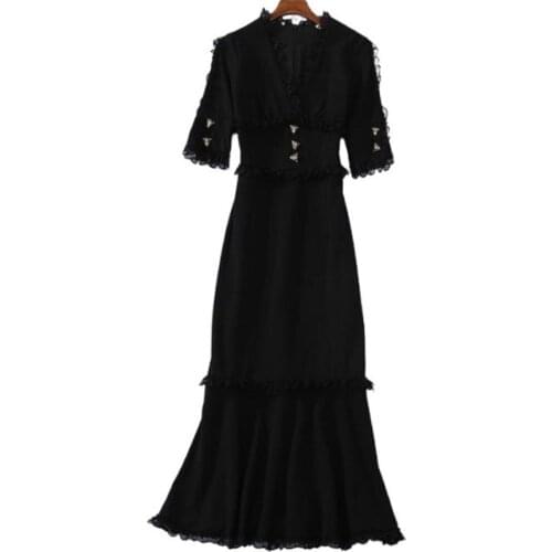 Black mermaid dress 2020 womens new leopard button V-neck dress ol lady