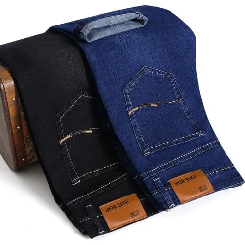 New Men Straight Jeans Black Blue Business Casual Classic brand style Elastic Slim fit Male Cotton Denim Pants Plus Size 38 40