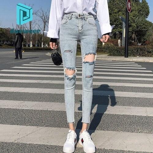 DUEWEER Women Ripped Hole Jeans Summer Ankle Tie Trousers Women Pencil Denim Pants Skinny High Waist Jeans Harajuku Pants