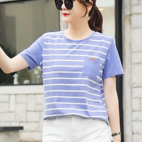 Fashion T-shirt Women Casual Striped O-neck Short Sleeve Pocket Soft Tee Female Simple Basic Streetwear Top Spring Summer 2021