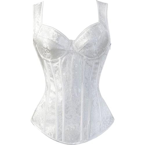 Steampunk Corset Jacquard Floral Straps Satin Corset with Cup Lingerie Zipper Side overbust Corsets Push Up Plus Size 6XL