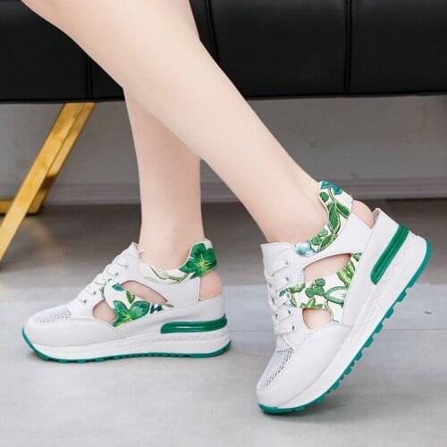 Summer Breathable Mesh Wedge Heel Sneakers Women White Leather Hollow Out Casual Shoes Woman Lace Up Vulcanize Shoesghj7