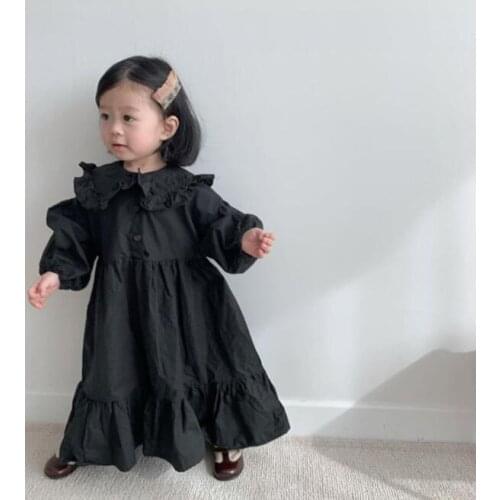 2020 Spring and Autumn Girls Cotton and Linen Long-Sleeved Lotus Leaf Lace Princess Dress