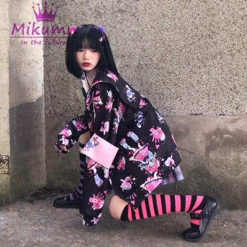 Japanese Preppy Style Women Jacket Harajuku Girls Cute Cartoon Print Sailor Collar Long Sleeve Zipper Coats Student Streetwear