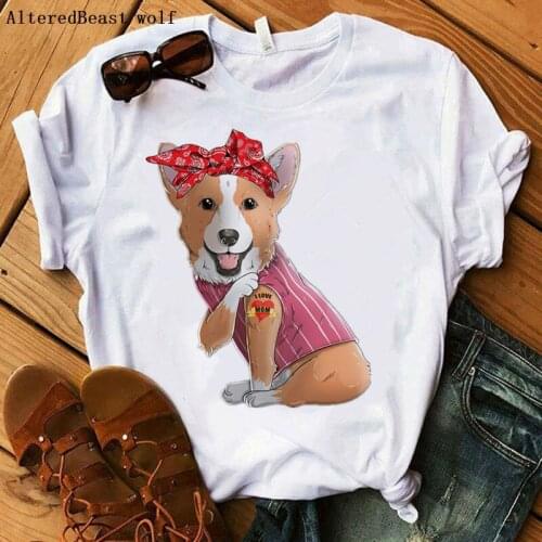 Corgis Dog I Love Mom Tshirt Women Harajuku O-neck Short Sleeve Summer Printed Bandana T-shirt Funny Female Clothing T Shirt