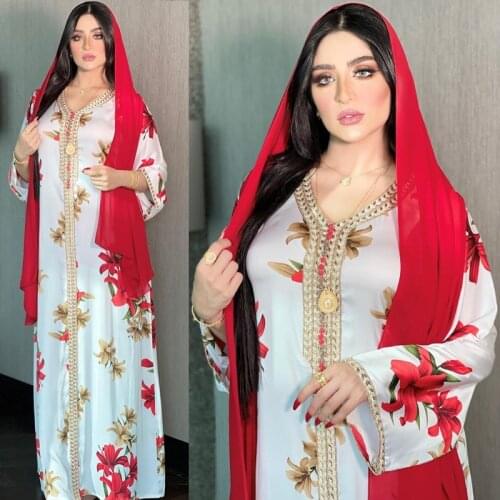 Moroccan Muslim Abaya Women Floral Print Long Maxi Dress Dubai Kaftan Gown Turkey Caftan Islamic Clothing Arabic Robe Jalabiya