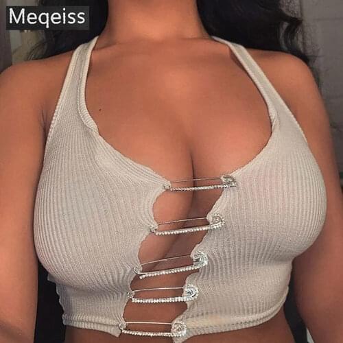 Meqeiss 2020 New Halter Hollow Out Ribbed Knitting Pins Tank Top Fashion Basic Female Sleeveless Backless Club Party Crop Tops