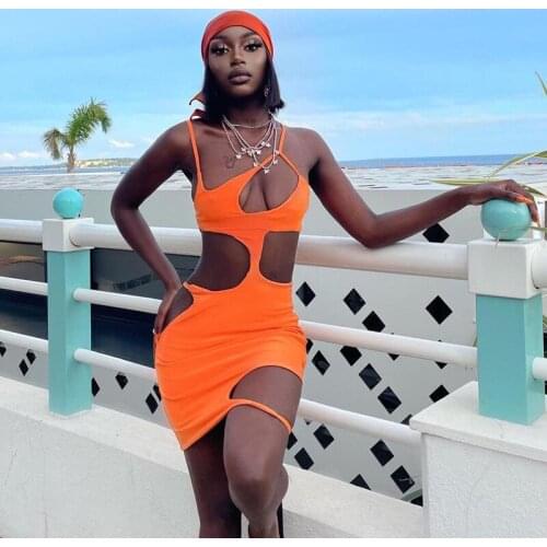 DSMTRC Irregular Cut Hole Sexy Mini Dresses Women Skinny Sleeveless Backless Bodycon Stretchy Summer Fashion Vacation Skirs